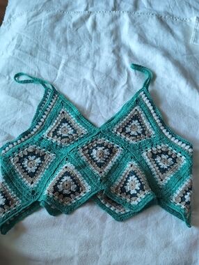 Handmade Crochet Crop Top in Teal and Cream